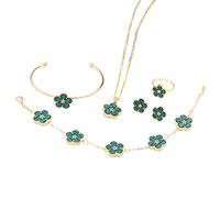 QKEPCY Vierblättriges Kleeblatt Schmuckset für Damen und Mädchen Gold Plattiert Blumen Anhänger Halskette Ohrstecker Armband Ringe Emaille Schmuck Set Geschenke mit 5 Stück (Grün)