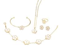 QKEPCY Vierblättriges Kleeblatt Schmuckset für Damen und Mädchen Gold Plattiert Blumen Anhänger Halskette Ohrstecker Armband Ringe Emaille Schmuck Set Geschenke mit 5 Stück (Weiß)