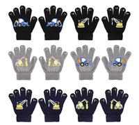 QKURT 6 Paar Magische Handschuhe für Kinder, Winterthermische Handschuhe Vollfinger Kinderhandschuhe Dinosaurier/Baggermuster für Jungen Mädchen