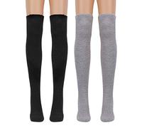 QKURT Flauschige Kniestrümpfe, 2 Paar Winter Warme Oberschenkelstrümpfe Strumpf Koralle Fleece Überkniestrümpfe Extra Lange Socken für Frauen Mädchen Damen