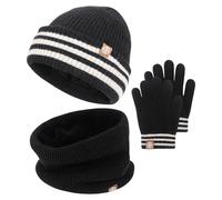 QKURT Kinder Mütze Schal Handschuhe Set, Weiche Bequeme Strickmütze Halswärmer Magische Handschuhe Kleinkindermütze Fleecefutter Schal Fäustling Streifen und Volltonfarben für 2-8 Jungen Mädchen