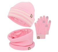 QKURT Kinder Mütze Schal Handschuhe Set, Weiche Bequeme Strickmütze Halswärmer Magische Handschuhe Kleinkindermütze Fleecefutter Schal Fäustling Streifen und Volltonfarben für 2-8 Jungen Mädchen