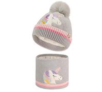 QKURT Kinder Winter Beanie Mütze Halswärmer Set, Kinder Warme Strickmütze Snood Halswärmer Kleinkind Mädchen Jungen Weiches Futter Thermomütze Schal Set mit Einhorn Muster Mütze Schal für 2-5
