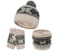 QKURT Wintermützen-Set für Kinder, Snood-Handschuhe, 3-in-1 Verdickende Weiche Thermo-Strickmütze mit Bommel Nackenwärmer Magische Handschuhe Zubehör-Sets für Jungen und Mädchen