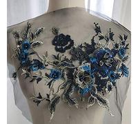 QLING 3D Stickerei Perlen Spitze Applikation Blumen Strass Tüll Besatz Besetzter Stoff für DIY Ausschnitt Hochzeit Brautkleid Kleidung Stickerei Dekoration, nicht null, saphirblau, Free Size