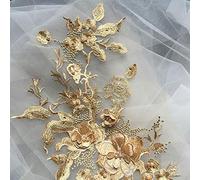 QLING 3D Stickerei Perlen Spitze Applikation Blumen Strass Tüll Besatz Besetzter Stoff für DIY Ausschnitt Hochzeit Brautkleid Kleidung Stickerei Dekoration, nicht null, goldgelb, Free Size