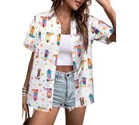 QLIPIN Western-Shirts mit Knopfleiste für Damen: Retro-Cowgirl-Hemd, Rodeo-Oberteil, Hawaii-Sommer-Urlaub, kurzärmeliges Oberteil, Weiss/opulenter Garten, X-Groß