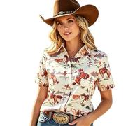 QLIPIN Westliches Hemd mit Knöpfen für Frauen: Retro Cowgirl-Shirt Rodeo Tops hawaiianischen Sommerurlaub Kurzarm Top Blusen, Aprikose, S