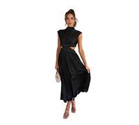 QLXYYFC Damen Sommer Midi Kleider Casual Stehkragen A-Linie Kleid Flatterärmel Elastische Taille Sommerkleider (Color : Noir, Size : L)