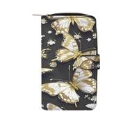 QMKFWT Goldfarbene weiße Schmetterlinge schwarze Ledergeldbörse lange Scheckbuchgeldbörsen klassische zweifache Damen-Clutch mit Ausweisfenster