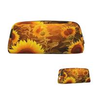 QMNEHJ Federmäppchen mit großem Fassungsvermögen, PU-Leder, Federmäppchen, Sonnenblumenfeld, kleiner Reißverschluss, Schreibwarenbeutel, ästhetische Stifttasche, tragbare Make-up-Tasche für Männer und