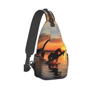 QMNKLET Sling Rucksack, Umhängetasche, Sonnenuntergänge, See, Pferde, Brusttasche, Tagesrucksack, Bauchtasche, Umhängetasche für Outdoor, Wandern, Schwarz, Einheitsgröße, Schwarz , Einheitsgröße
