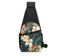 QMNKLET Sling Rucksack, Umhängetasche, tropischer Sommer, Hawaii-Blume, Palmblätter, Brusttasche, Tagesrucksack, Bauchtasche, Crossbody-Tasche für Outdoor, Wandern, Schwarz, Einheitsgröße, Schwarz