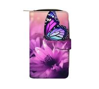 QMNRTK Kreditkartenetui mit Blumenmotiv und violettem Schmetterling, RFID-blockierend, schmal, faltbar, echtes Leder, minimalistische Vordertasche, Geldbörse, Schlüsselanhänger, Geldbörse für Männer