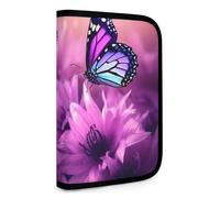 QMNRTK Multifunktionale, kompakte Geldbörse mit Blumen und violettem Schmetterling, Ausweis, Stronghold Waltlet, Kreditkartenhalter, Geldbörse, Reißverschluss, Ledertasche, RFID-blockierend, Bifold