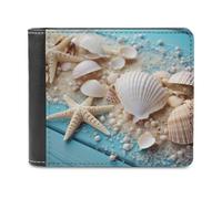 QMNRTK Sea Beach Muscheln Seestern Blau Leder Geldbörse Bifold Wallet für Herren und Damen, RFID-blockierend, extra Kapazität, ultrastarke Nähte, schlanke Geldscheinfach mit 8 Kartenfächern, Stil,