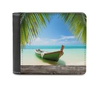 QMNRTK Seaside Boat Geldbörse aus Kokosnuss-Blättern, Leder, Bifold Wallet für Herren und Damen, RFID-blockierend, extra Kapazität, ultrastarke Nähte, schlanke Geldscheinfach mit 8 Kartenfächern,