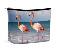 QMNVBDS Make-up-Tasche mit Flamingo am Strand, Reise-Kulturbeutel für Damen, wasserdichte Kosmetiktasche, kleine Reißverschlusstasche, tragbare Reisetaschen für Toilettenartikel, niedliche