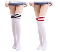 QOMJUFA 2 Paar Kniestrümpfe, Overknee Strümpfe Damen Thigh High Socks, Lange Gestreifte Socken, Schwarz Warme Knee Stockings Knee High Beinwärmer Schenkel Socken für Mädchen