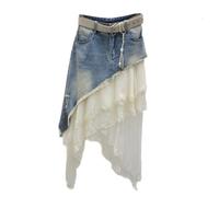 QOUERUUE Damen Langer Freizeit-Jeansrock Patchwork-Spitze Gestufter Swing Unregelmäßiger Midi-Jeansrock