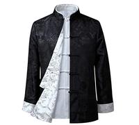 QPZK Herren Tang Anzug Jacke Beidseitig tragen Traditionelle chinesische Kleidung Baumwolle Leinen Tai Chi Kampfsport Kleidung Lang Schwarz XL