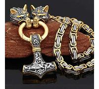 QQTQQ Männer Viking Wolf Kopf Anhänger Thors Hammer Halskette, Retro nordischen Edelstahl Amulett Schmuck, handgemachte schwere Königskette,Gold-50cm