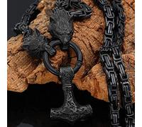 QQTQQ Männer Viking Wolf Kopf Anhänger Thors Hammer Halskette, Retro nordischen Edelstahl Amulett Schmuck, handgemachte schwere Königskette,Black-60cm