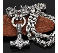 QQTQQ Männer Viking Wolf Kopf Anhänger Thors Hammer Halskette, Retro nordischen Edelstahl Amulett Schmuck, handgemachte schwere Königskette,Silver-60cm