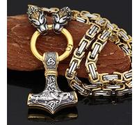 QQTQQ Nordic Thors Hammer Wolf Kopf Amulett Anhänger, Viking Edelstahl Fenrir Halskette, schwere byzantinische Kette Mythologie Rune Mode Unisex Schmuck,MixedGold-20INCH