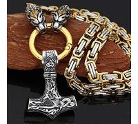 QQTQQ Nordic Thors Hammer Wolf Kopf Amulett Anhänger, Viking Edelstahl Fenrir Halskette, schwere byzantinische Kette Mythologie Rune Mode Unisex Schmuck,Silver-20INCH
