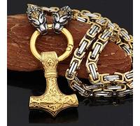 QQTQQ Nordic Thors Hammer Wolf Kopf Amulett Anhänger, Viking Edelstahl Fenrir Halskette, schwere byzantinische Kette Mythologie Rune Mode Unisex Schmuck,Gold-20INCH