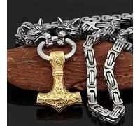 QQTQQ Viking Thors Hammer Halskette, Männer Wolf Kopf Anhänger, Retro nordischen Amulett Schmuck, Edelstahl handgemachte schwere Königskette,Gold-70cm