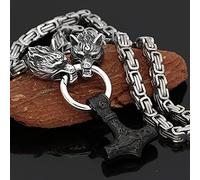 QQTQQ Viking Thors Hammer Halskette, Männer Wolf Kopf Anhänger, Retro nordischen Amulett Schmuck, Edelstahl handgemachte schwere Königskette,Black-70cm