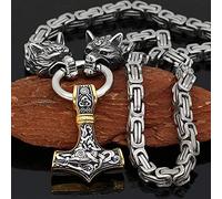 QQTQQ Viking Thors Hammer Halskette, Männer Wolf Kopf Anhänger, Retro nordischen Amulett Schmuck, Edelstahl handgemachte schwere Königskette,Gold+silver-60cm