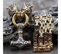QQTQQ Viking Thors Hammer Wolf Kopf Amulett Anhänger, Fenrir Halskette, schwere byzantinische Kette Mythologie Rune Mode Unisex Schmuck,WolfheadA-70CM