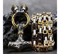 QQTQQ Viking Thors Hammer Wolf Kopf Amulett Anhänger, Fenrir Halskette, schwere byzantinische Kette Mythologie Rune Mode Unisex Schmuck,WolfheadB-70CM