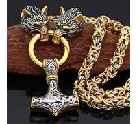 QQTQQ Viking Thors Hammer Wolf Kopf Anhänger, nordische Mythologie Pagan Mjolnir Halskette, schwere byzantinische Kette Mythologie Rune Mode Unisex Schmuck,MixedGold-50CM