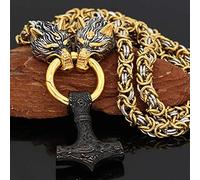 QQTQQ Viking Thors Hammer Wolf Kopf Anhänger, nordische Mythologie Pagan Mjolnir Halskette, schwere byzantinische Kette Mythologie Rune Mode Unisex Schmuck,Black-70CM