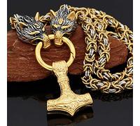 QQTQQ Viking Thors Hammer Wolf Kopf Anhänger, nordische Mythologie Pagan Mjolnir Halskette, schwere byzantinische Kette Mythologie Rune Mode Unisex Schmuck,Gold-70CM