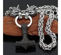 QQTQQ Viking Wolf Head Thors Hammer Anhänger Halskette für Männer, nordischer Mjolnir Schwerer Edelstahl Talisman Schmuck,Black-50cm