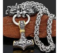 QQTQQ Viking Wolf Head Thors Hammer Anhänger Halskette für Männer, nordischer Mjolnir Schwerer Edelstahl Talisman Schmuck,Gold+silver-50cm