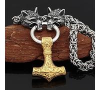QQTQQ Viking Wolf Head Thors Hammer Anhänger Halskette für Männer, nordischer Mjolnir Schwerer Edelstahl Talisman Schmuck,Gold-60cm