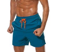 Qrity Herren Badeshorts, Badehose Herren Jungen Badeshorts Männer, Strandhose mit Taschen, Schwimmen Schnelltrocknen, Strandshorts, Verstellbarer Kordelzug, Pfauenblau-S