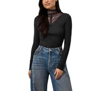 Langarmshirt QS, Damen, Gr. M, schwarz, Rippware, Obermaterial: 58% Baumwolle, 38% Modal, 4% Elasthan, unifarben, slim fit normal, ohne Ausschnitt, Shirts Langarmshirt, mit Spitzeneinsatz (10676432-M)