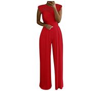 QSSS Jumpsuit Damen Elegante, Spitze Spleißen Festlich Hochzeit Damen Lang Weites Bein Hosen Hohe Taillen Elegant Einteiler Overall Frauen Blumenspitze Business Party Breites Bein Hosenanzug, rot, L
