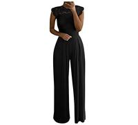 QSSS Jumpsuit Damen Elegante, Spitze Spleißen Festlich Hochzeit Lang Weites Bein Hosen Hohe Taillen Elegant Einteiler Overall Frauen Blumenspitze Business Party Breites Hosenanzug, Schwarz, M