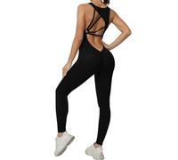 Qszmjo Einteiliger Jumpsuit mit V-Ausschnitt für Damen, Fitnessstudio, rückenfrei, Yoga, Catsuit, Bodysuit, Po, Lift, Ausschnitt, Sport, athletischer Strampler, Schwarz, Small