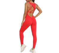 Qszmjo Einteiliger Jumpsuit mit V-Ausschnitt für Damen, Fitnessstudio, rückenfrei, Yoga, Catsuit, Bodysuit, Po, Lift, Ausschnitt, Sport, athletischer Strampler, Rot/Ausflug, einfarbig (Getaway