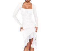 QTANZIQI Freizeitkleider Strickkleid Damen Pulloverkleid Elegantes Herbstkleid Winterkleid Damen Casual Solides Kleid Langarm U-Ausschnitt Kleid mit unregelmäßigem Saum Lässiges schlankes Netzkleid