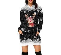 QTANZIQI Freizeitkleider Strickkleid Damen Pulloverkleid Elegantes Winterkleid Herbstkleid Lässiges Pullover-Sweatshirtkleid mit Cartoon-Hirschkopf-Aufdruck